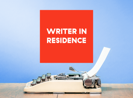 A typewriter with a banner saying Writer in Residence