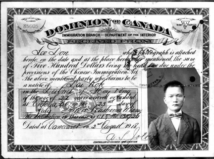 C.I. 5 certificate (head tax) - Lee Don, 1918 (front). VPL 30625