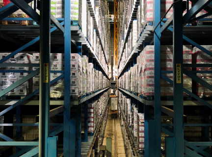 boxes stored on a blue shelf