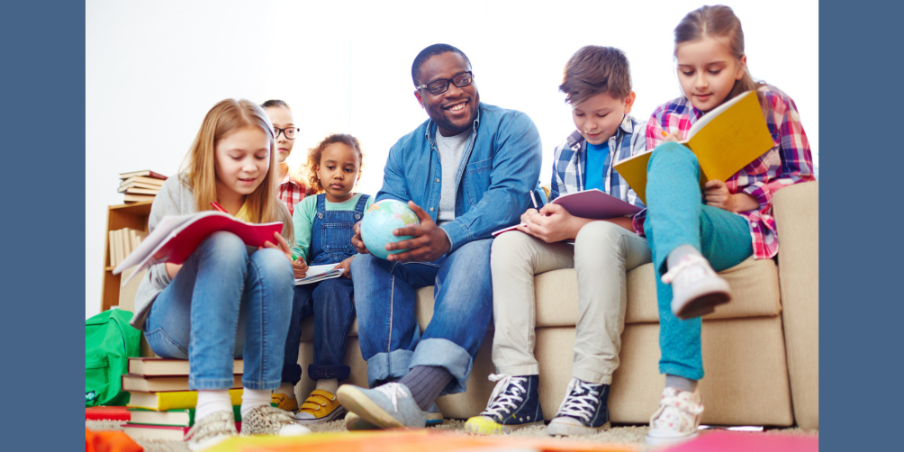 Kids on a couch reading and writing