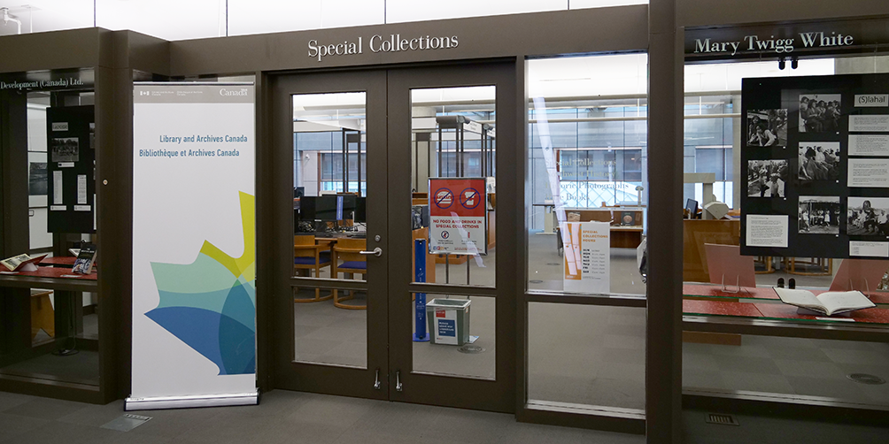 Main Entrance to Special Collections with Library and Archives standing banner