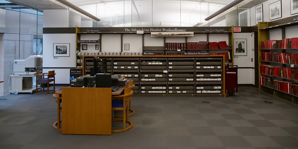 Special Collections Microfilm area with desks and microfilm viewers