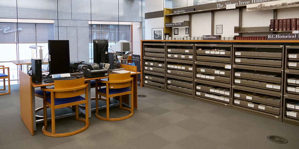 Special Collections Microfilm area with desks and microfilm viewers