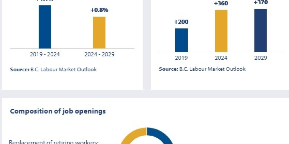 an infographic showing the labour market outlook for hairstylists and barbers in BC from 2019 to 2029